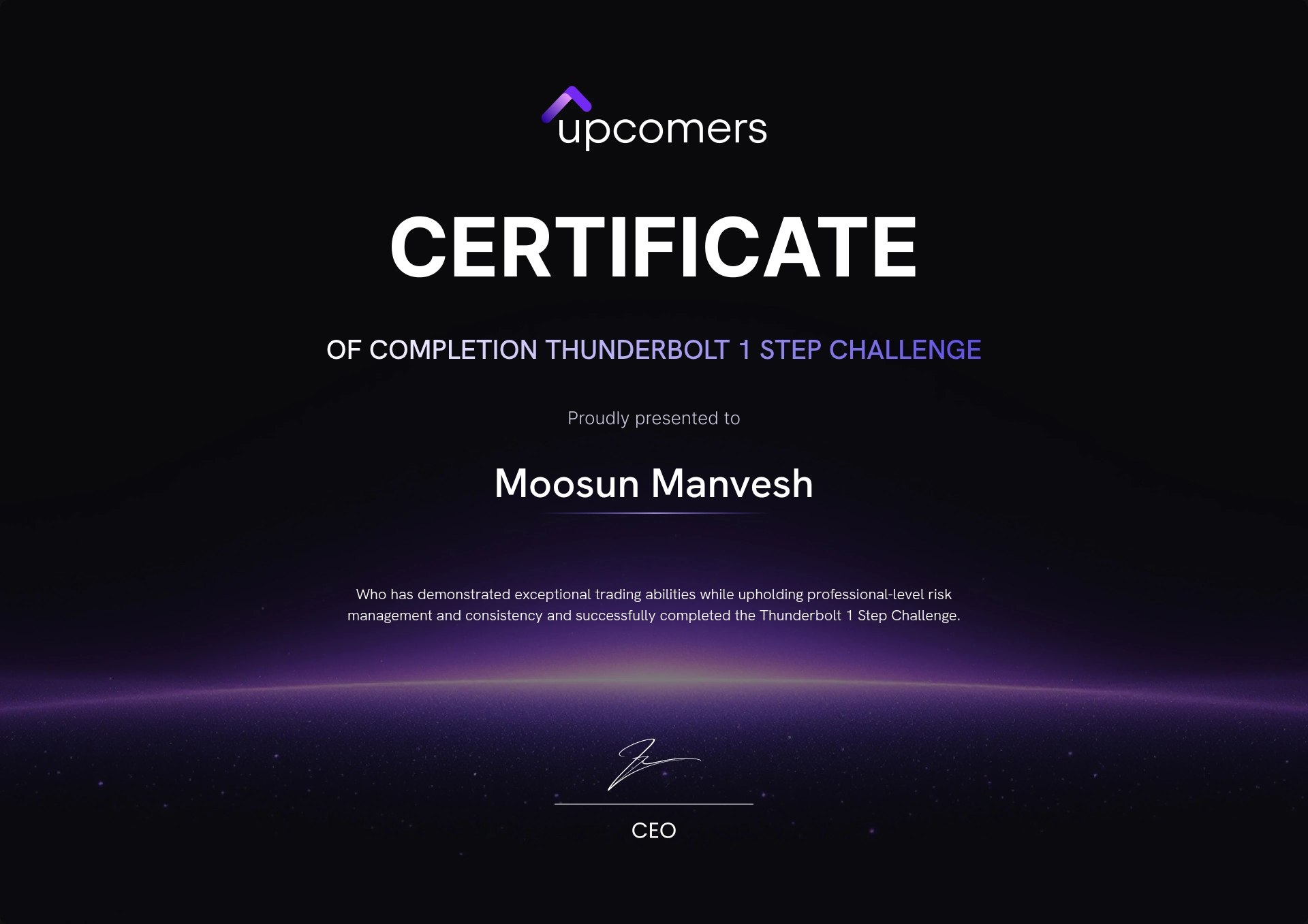 Upcomers — Thunderbolt 1 Step Challenge Completion certificate
