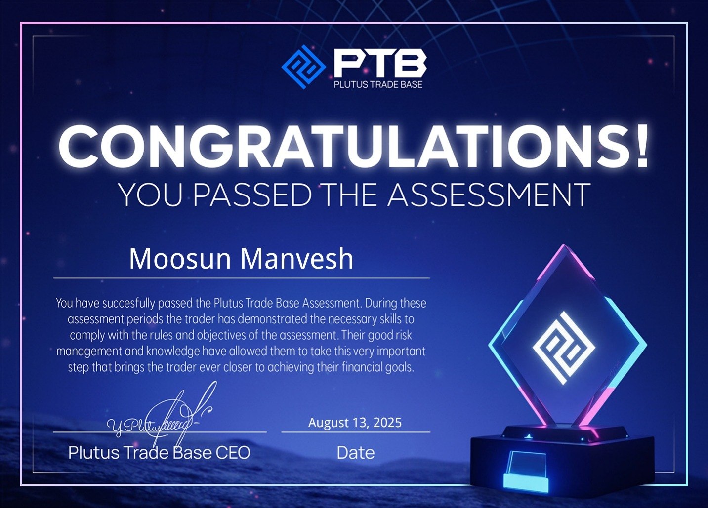 Plutus Trade Base — Assessment Passed certificate
